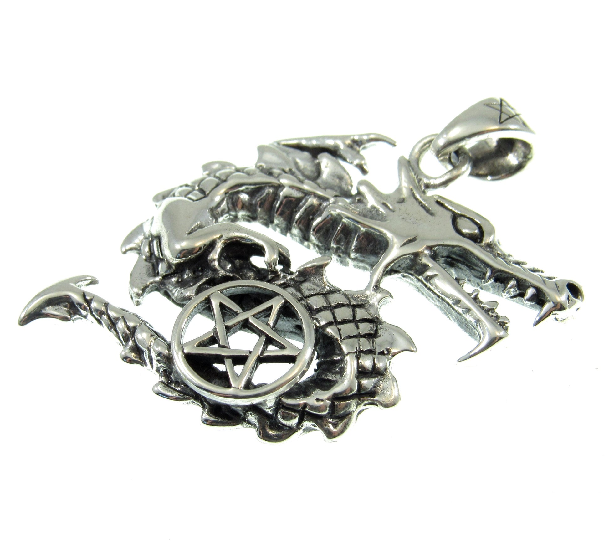 Solid 925 Sterling Silver Curling Dragon and the Star Pentacle Pendant