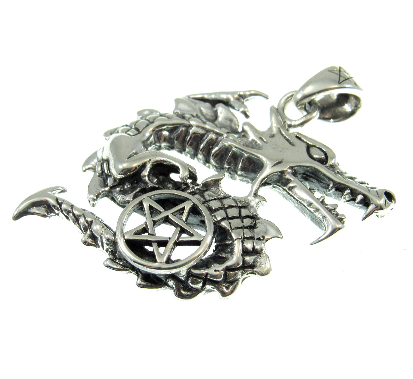 Solid 925 Sterling Silver Dragon Pentacle Pendant, Pagan Pentagram, Wiccan Amulet, Gothic Occult Talisman