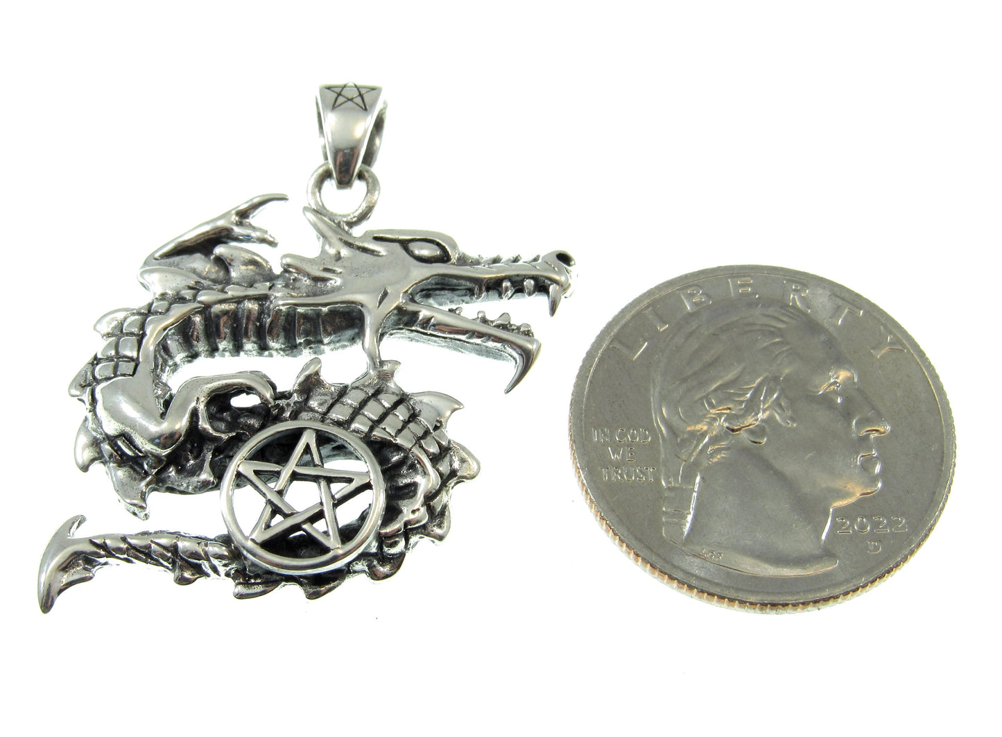 Solid 925 Sterling Silver Curling Dragon and the Star Pentacle Pendant