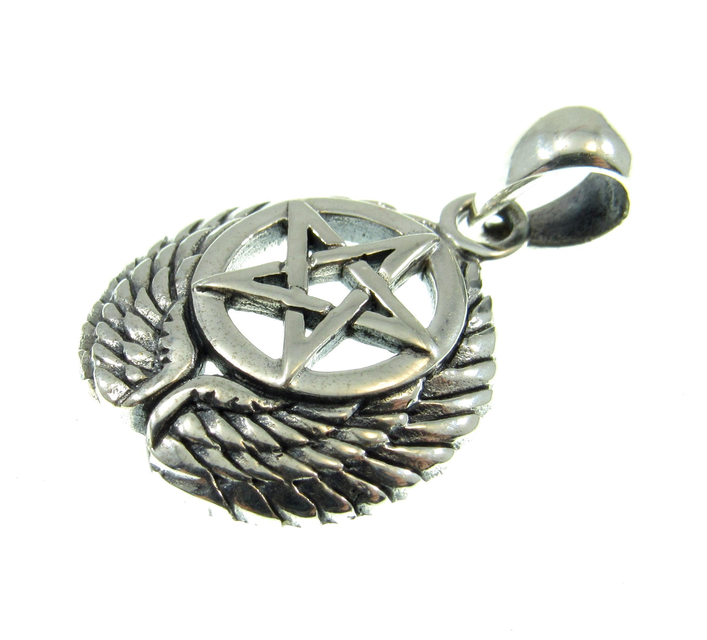 Solid 925 Sterling Silver Falcon Wing Pentacle Pendant, Powerful Pagan & Wiccan Charm