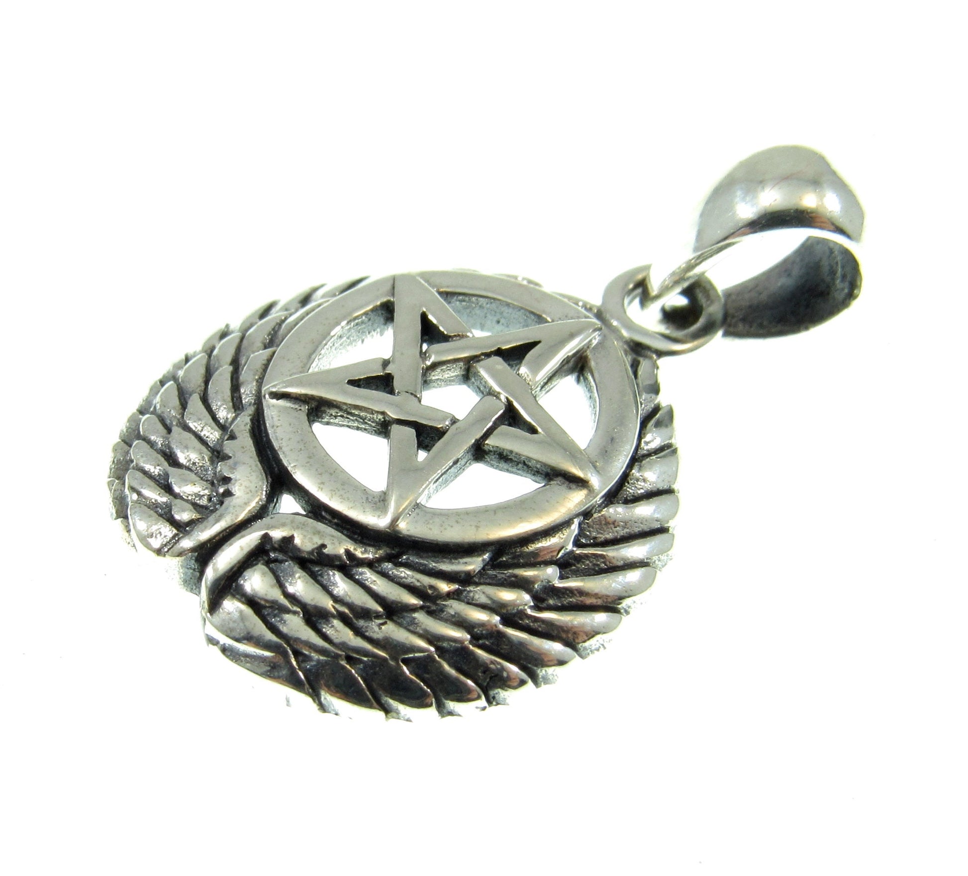Solid 925 Sterling Silver Falcon Wing Pentacle Pendant, Powerful Pagan & Wiccan Charm