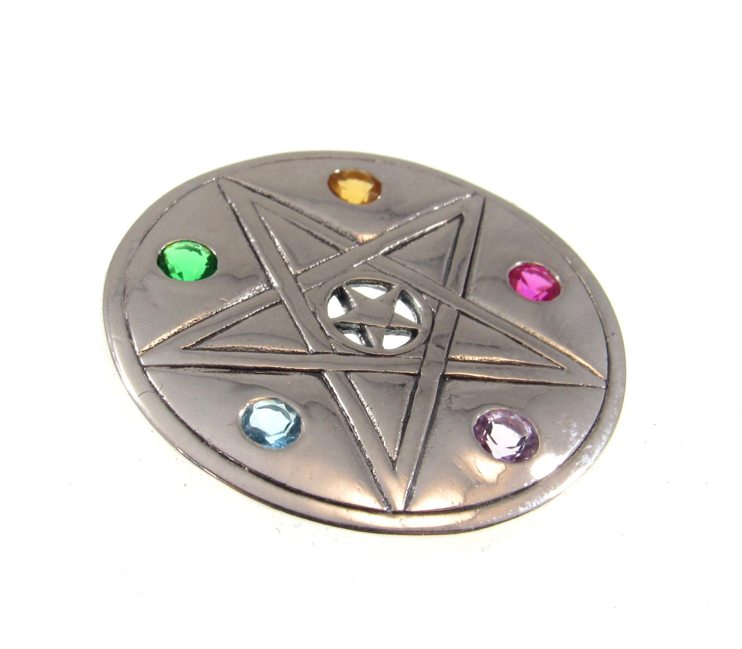 Solid 925 Sterling Silver Elemental Pentacle Disc Pendant With Colorful Gemstones, Powerful Wiccan Amulet