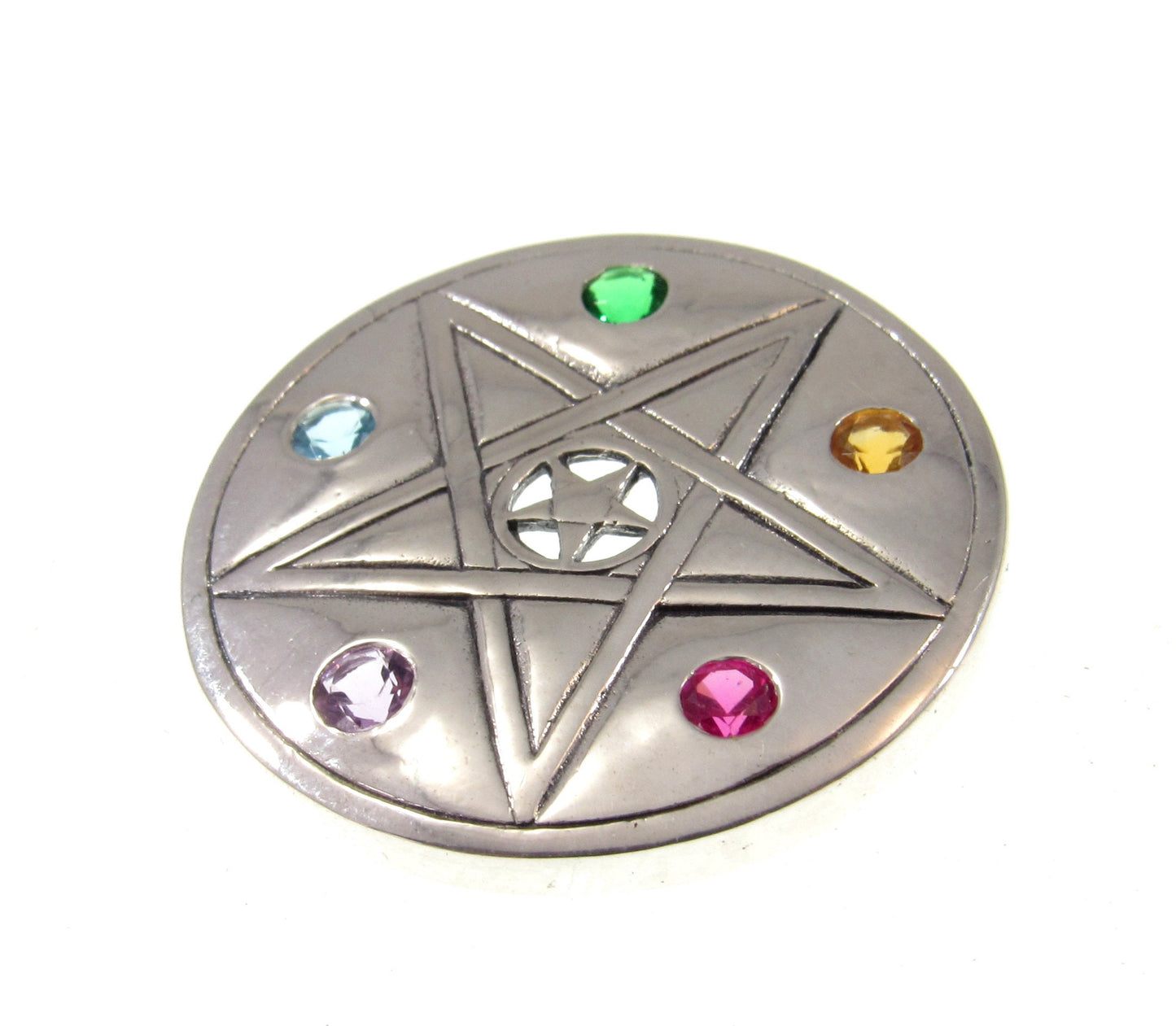 Solid 925 Sterling Silver Elemental Pentacle Disc Pendant With Colorful Gemstones, Powerful Wiccan Amulet
