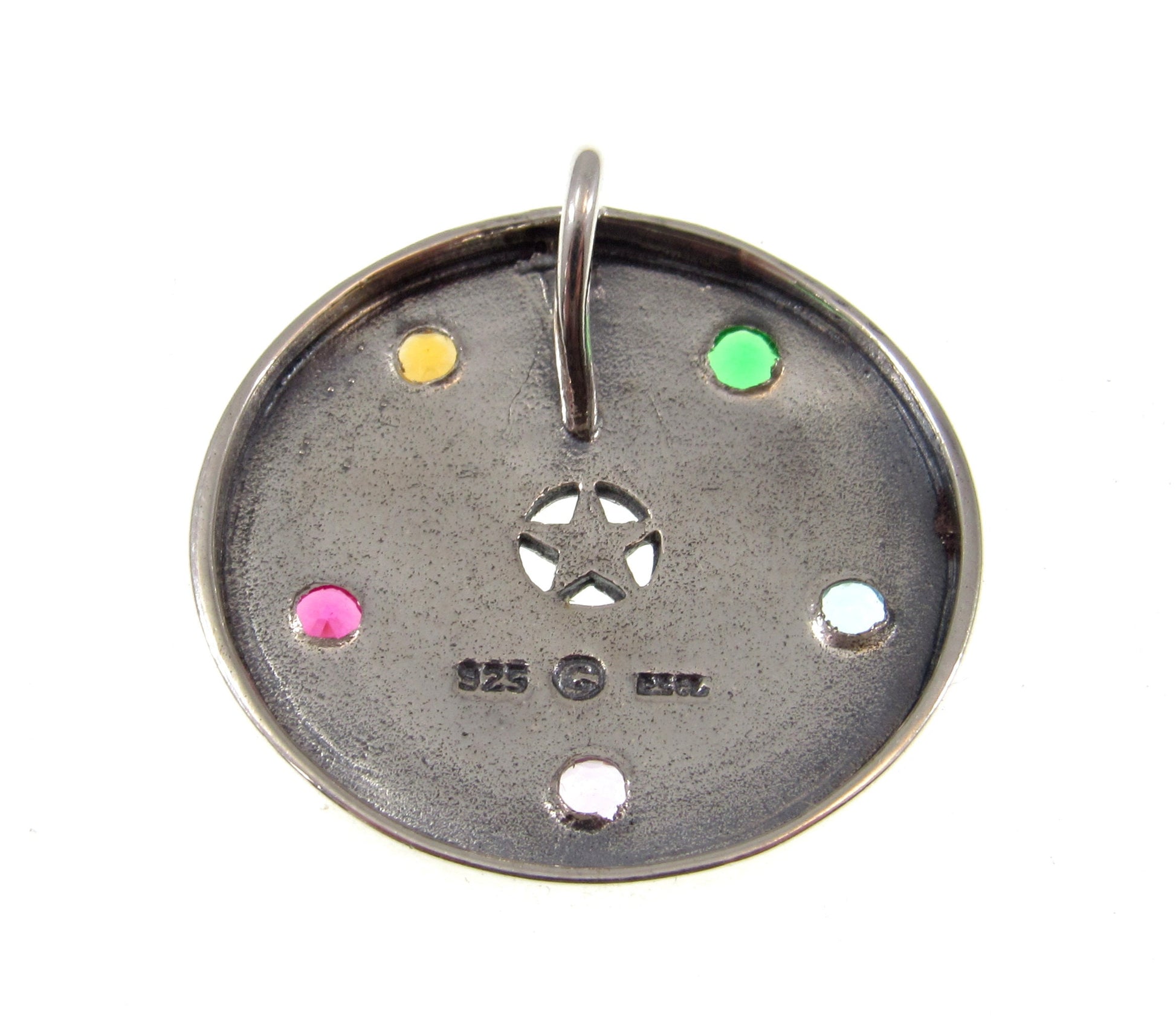 Solid 925 Sterling Silver Elemental Pentacle Disc Pendant With Colorful Gemstones, Powerful Wiccan Amulet