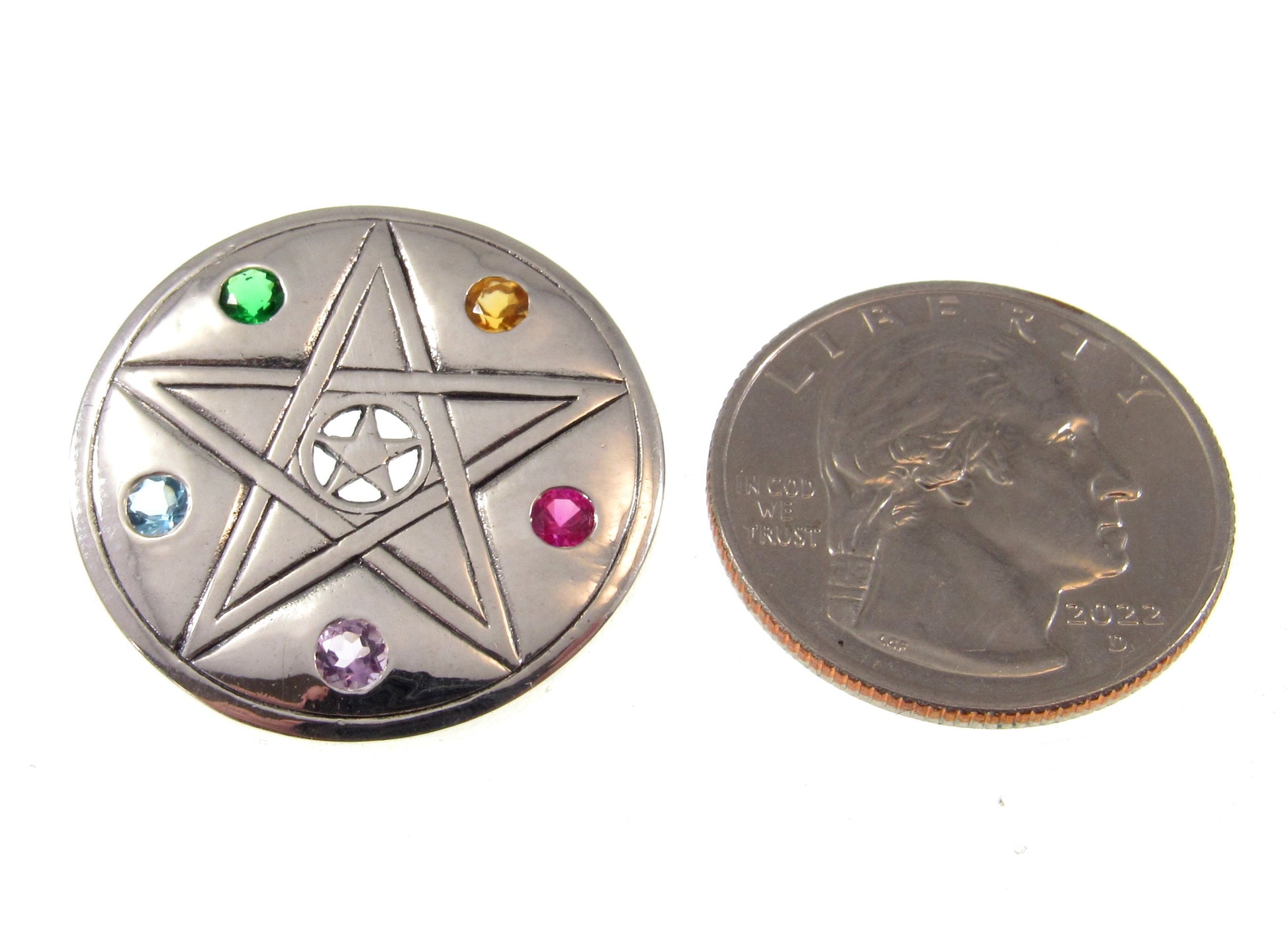 Solid 925 Sterling Silver Elemental Pentacle Disc Pendant With Colorful Gemstones, Powerful Wiccan Amulet
