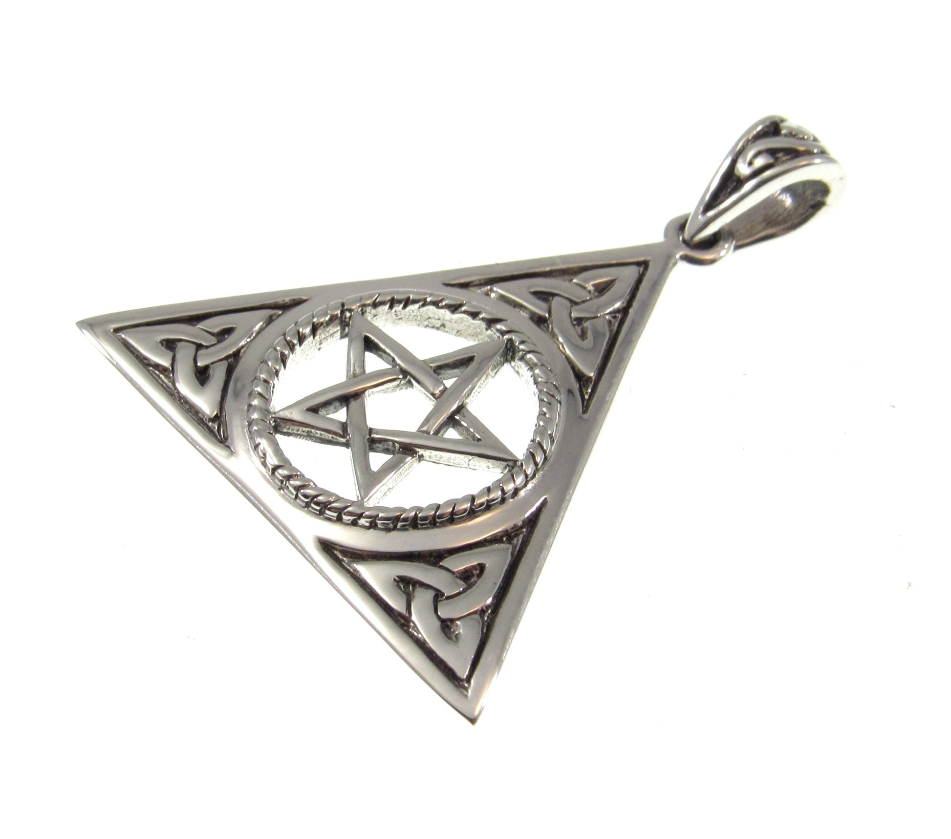 Solid 925 Sterling Silver Pentacle with Celtic Trinity Knot Pendant, Pagan Pyramid Pentagram Amulet