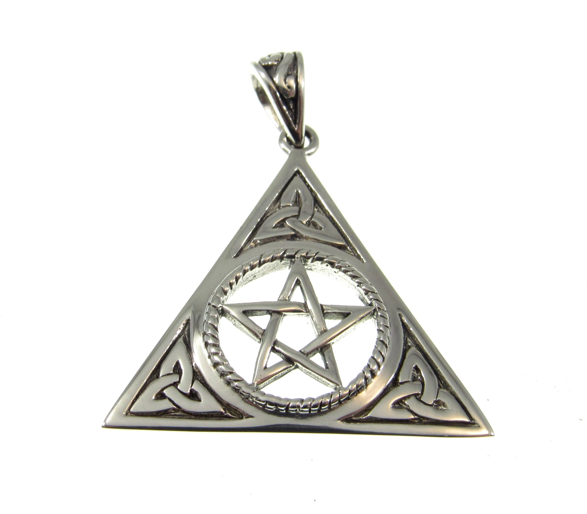 Solid 925 Sterling Silver Pentacle with Celtic Trinity Knot Pendant, Pagan Pyramid Pentagram Amulet