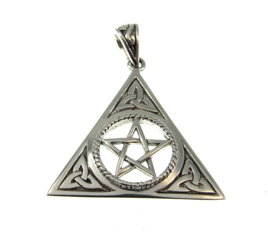 Solid 925 Sterling Silver Pentacle with Celtic Trinity Knot Pendant, Pagan Pyramid Pentagram Amulet