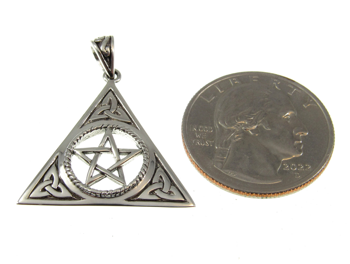 Solid 925 Sterling Silver Pentacle with Celtic Trinity Knot Pendant, Pagan Pyramid Pentagram Amulet