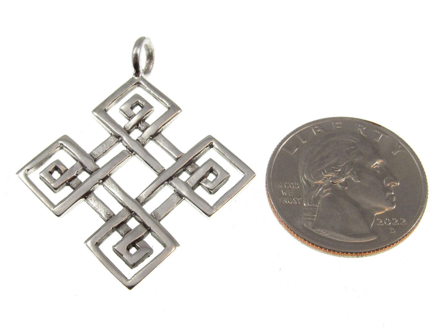 Solid 925 Sterling Silver Celtic Diamond / Square Quaternary Knot Pendant, Handcrafted Endless Knot / Eternal Loop Shield Amulet