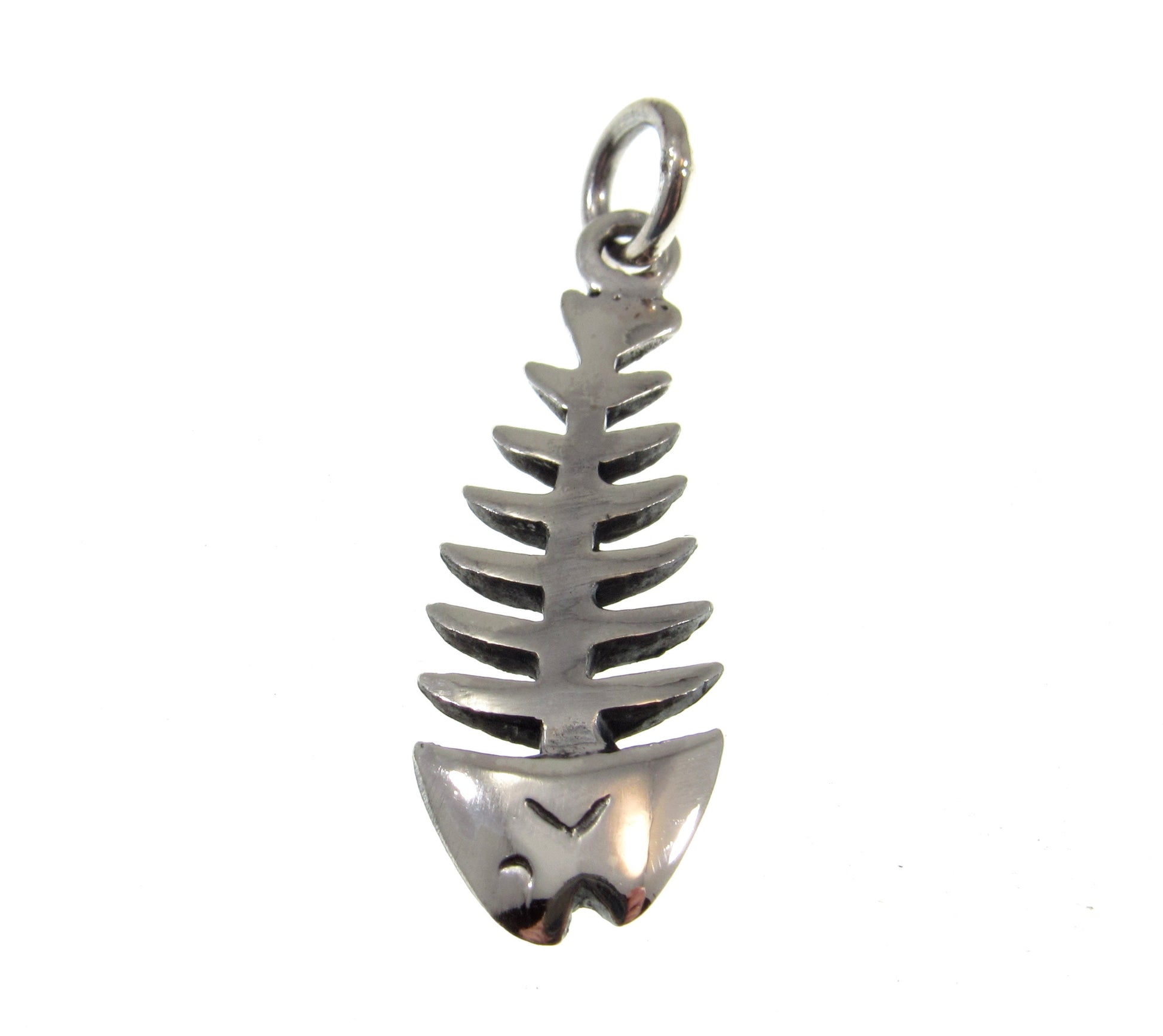 Solid 925 Sterling Silver 3D Two Sided Fish Skeleton Pendant, Handcrafted Fish Bone Charm