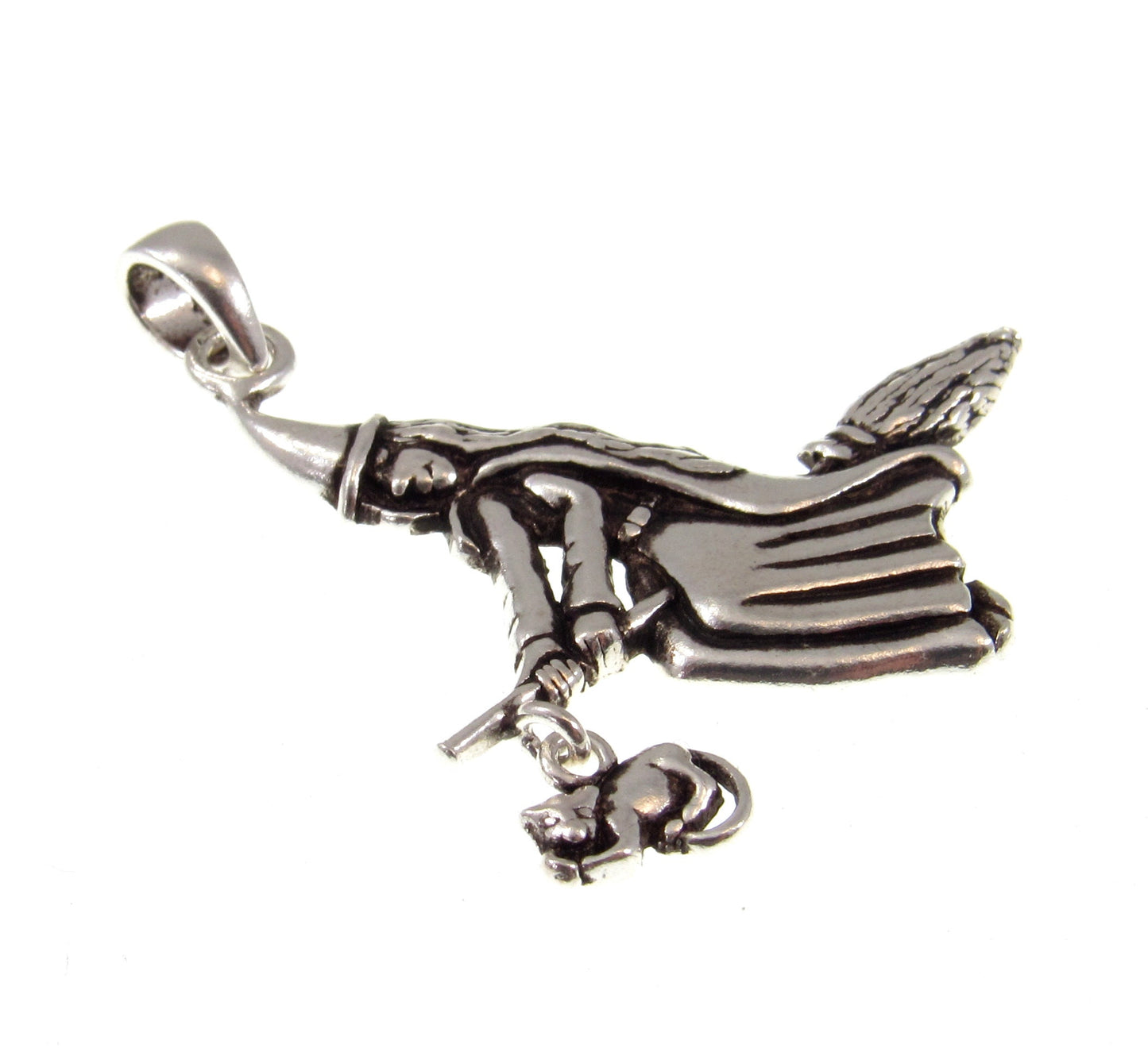 Solid 925 Sterling Silver Witch on Broomstick with Feline Companion Pendant, Magic Wiccan Amulet