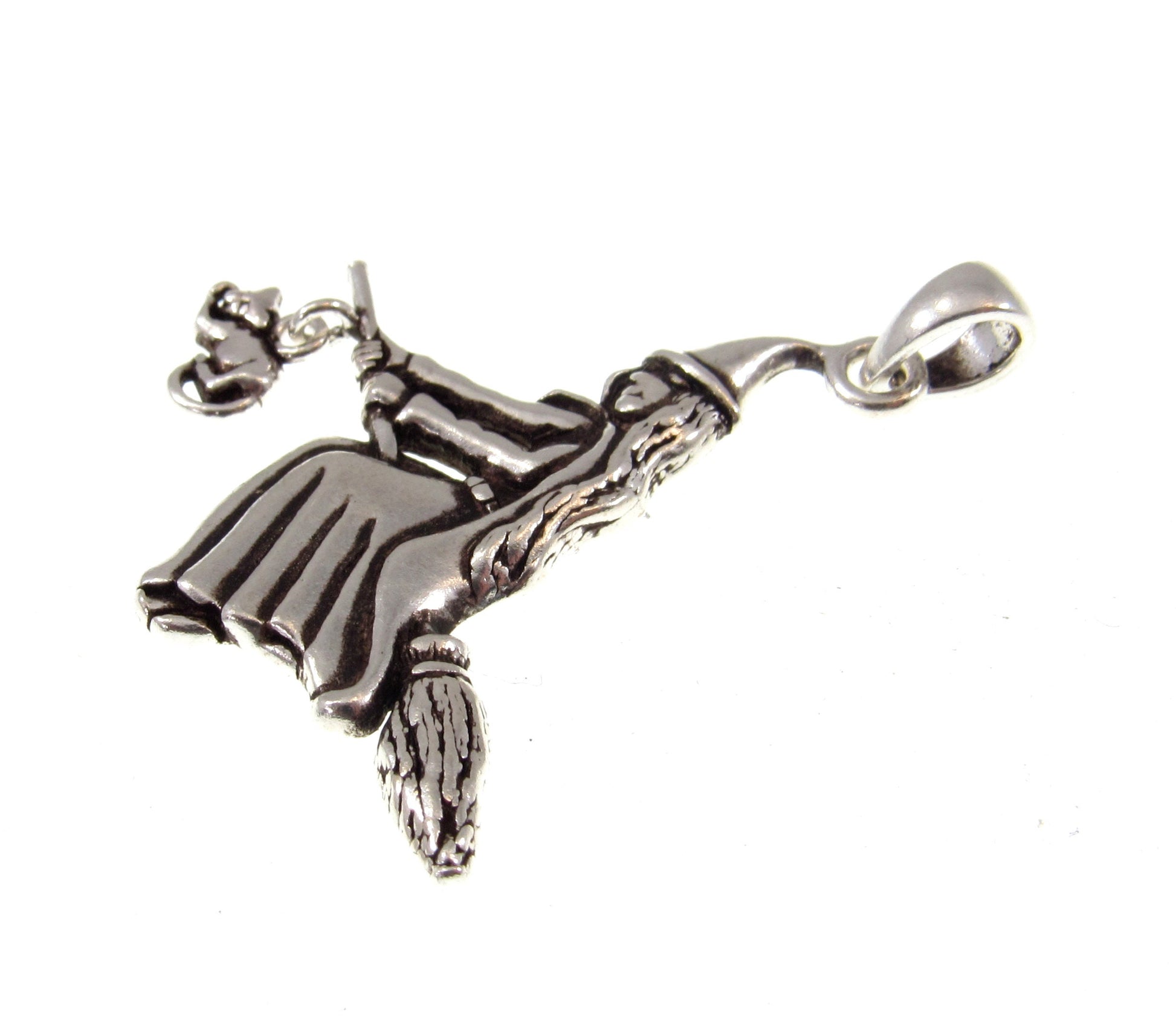 Solid 925 Sterling Silver Witch on Broomstick with Feline Companion Pendant, Magic Wiccan Amulet
