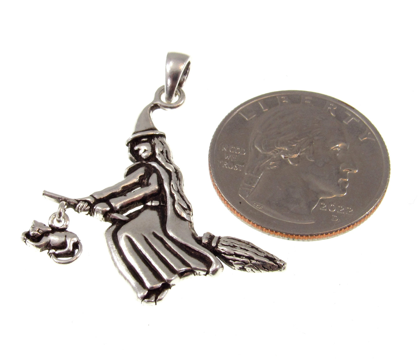 Solid 925 Sterling Silver Witch on Broomstick with Feline Companion Pendant, Magic Wiccan Amulet