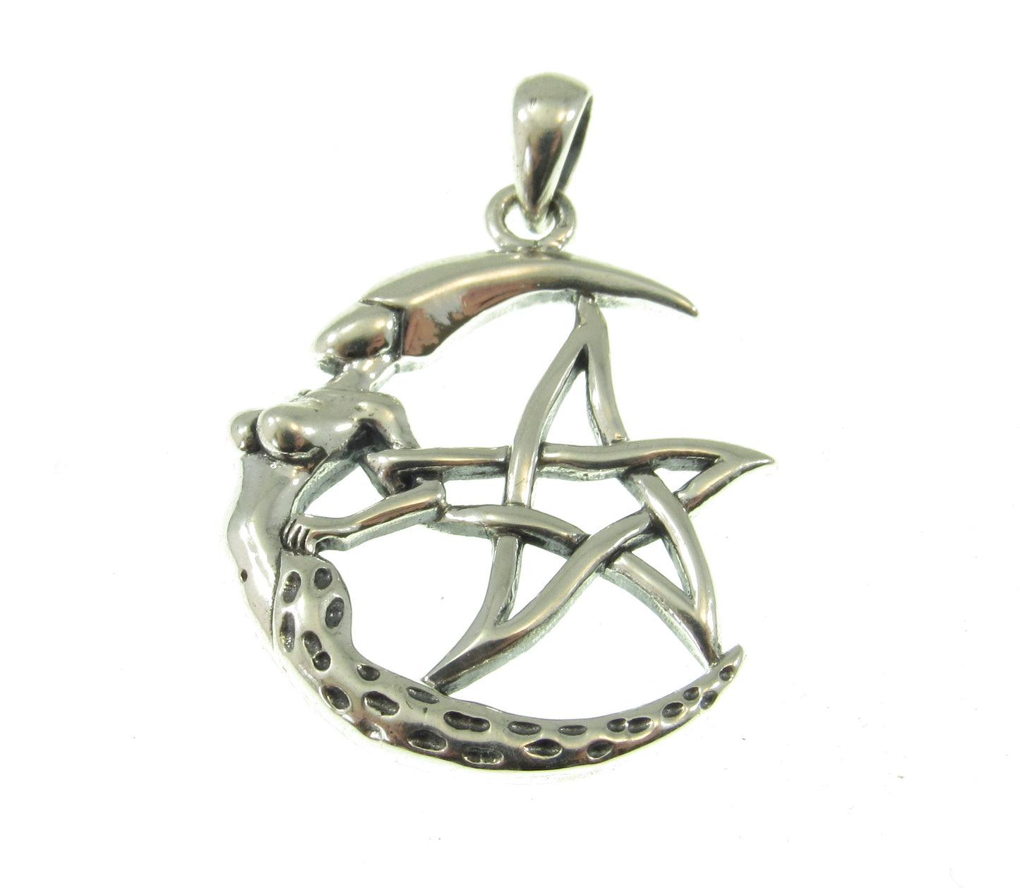 Solid 925 Sterling Silver Moon Goddess The Star Pentagram Pendant, Pagan Wicca Amulet
