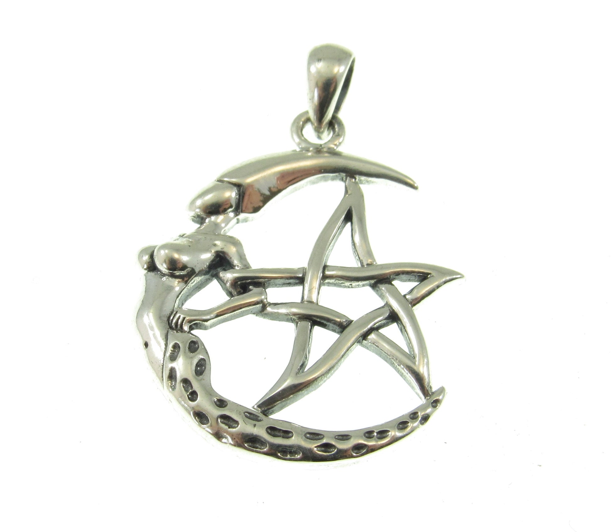 Solid 925 Sterling Silver Moon Goddess The Star Pentagram Pendant, Pagan Wicca Amulet