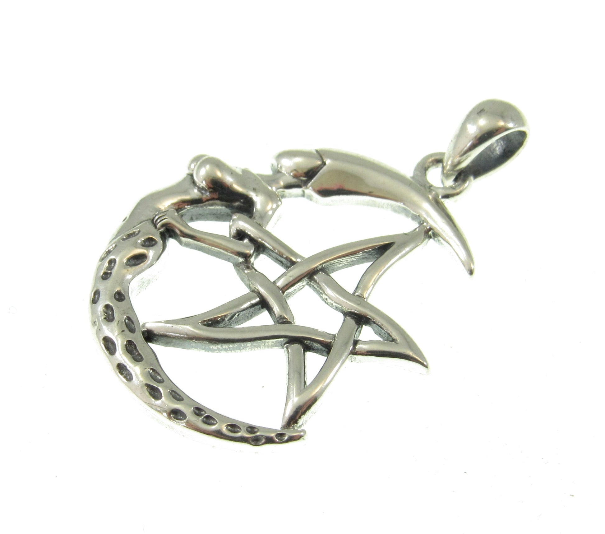 Solid 925 Sterling Silver Moon Goddess The Star Pentagram Pendant, Pagan Wicca Amulet