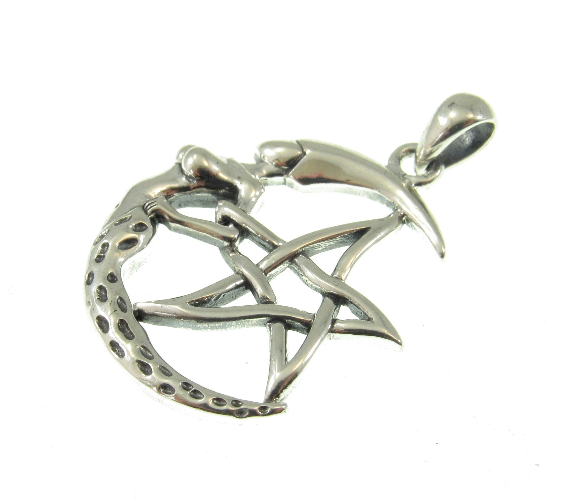 Solid 925 Sterling Silver Crescent Moon Goddess Pentacle Pendant Wiccan Pagan Witch Jewelry