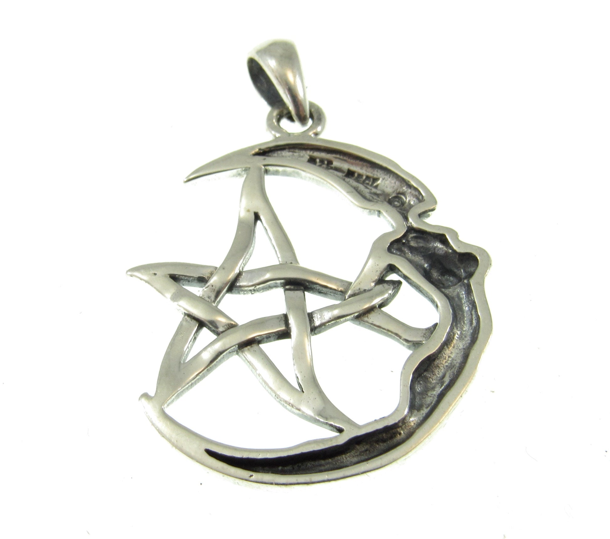 Solid 925 Sterling Silver Moon Goddess The Star Pentagram Pendant, Pagan Wicca Amulet