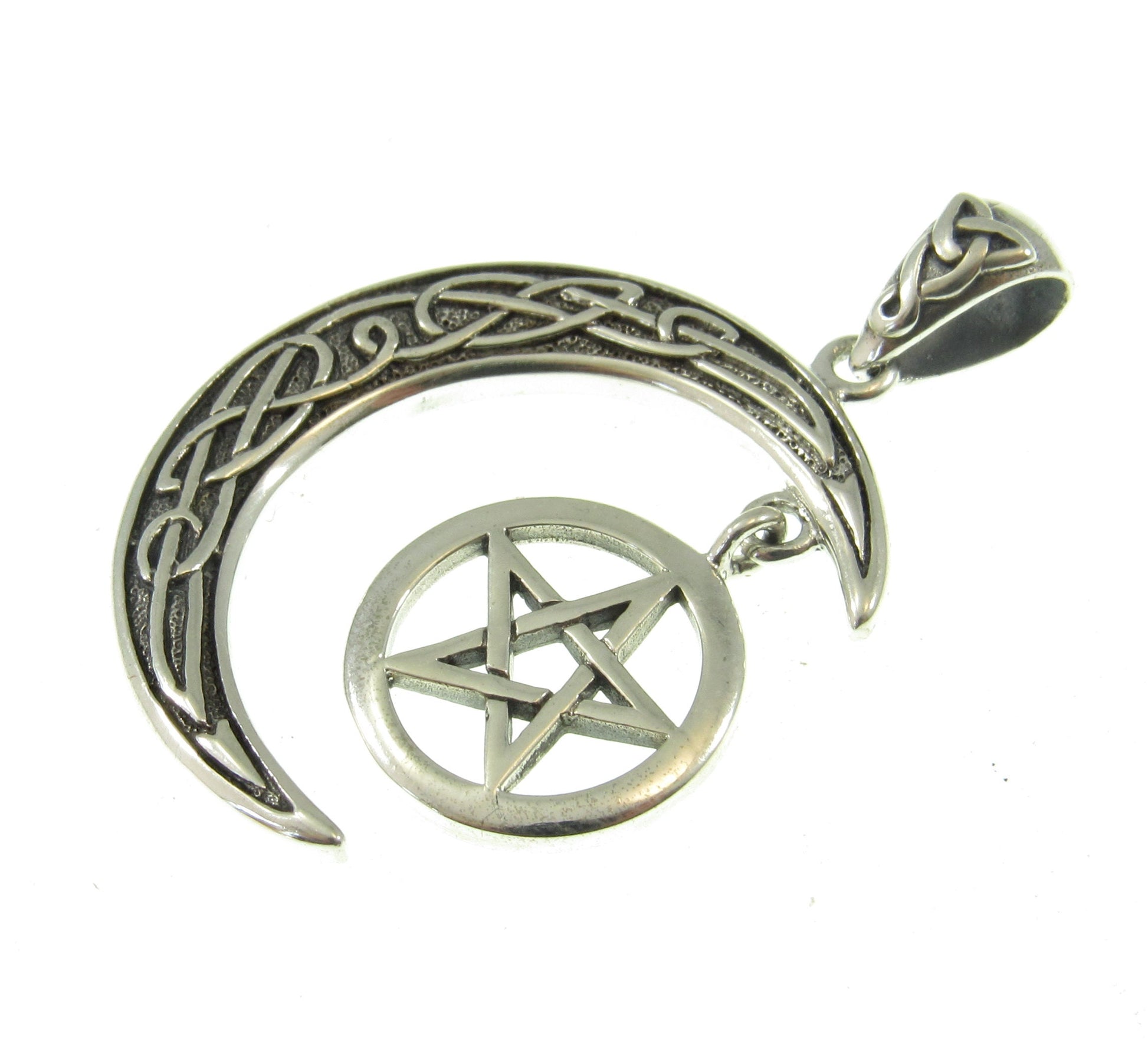 Solid 925 Sterling Silver Pentacle Hanging on Celtic Crescent Moon Pendant, Star Crescent Pagan Amulet, Feminine Power Jewelry