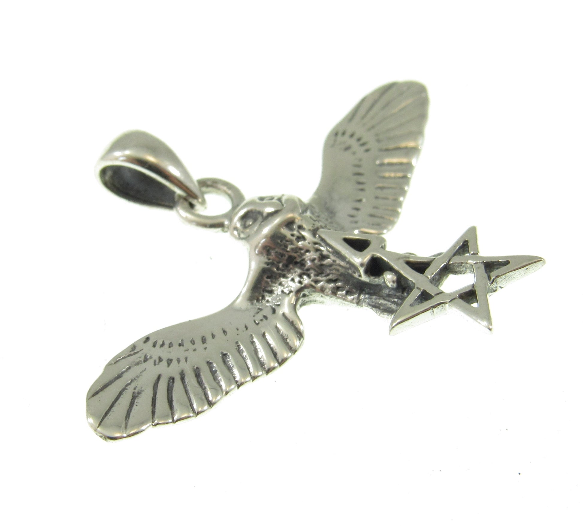 Solid 925 Sterling Silver Flying Owl with The Pentagram Star & Triangle Pendant, Pagan Wicca Amulet