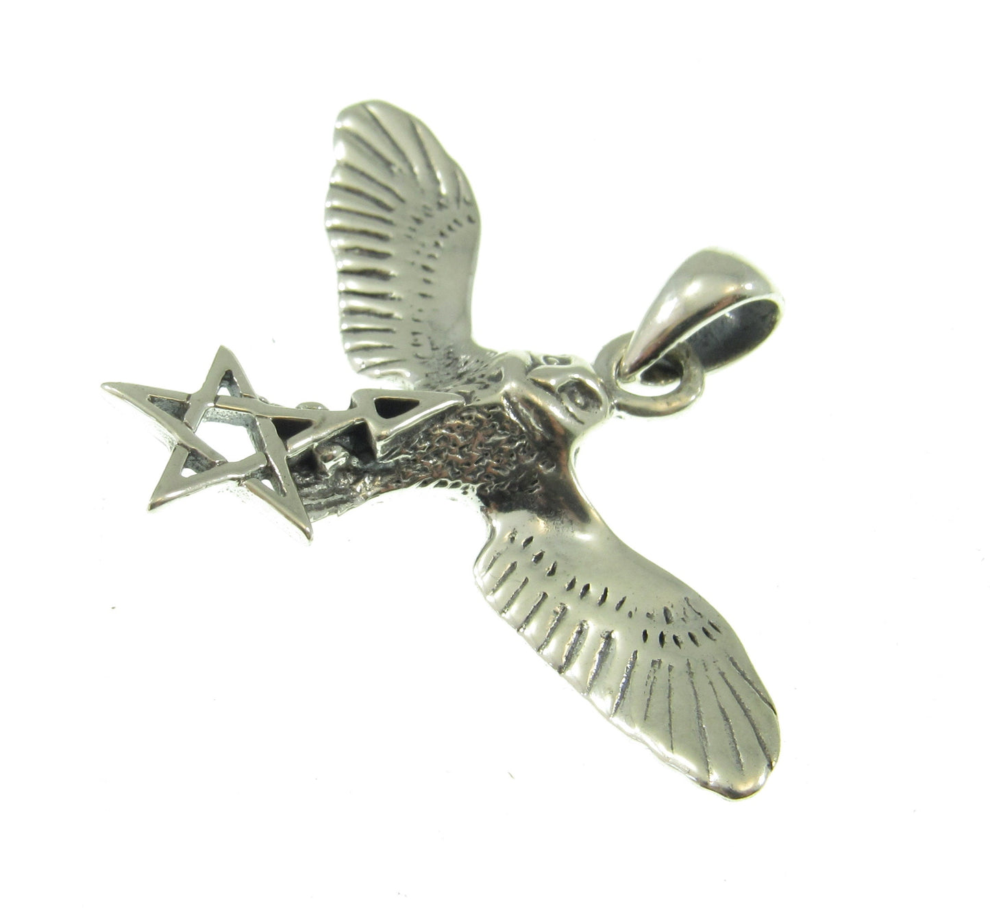 Solid 925 Sterling Silver Flying Owl with The Pentagram Star & Triangle Pendant, Pagan Wicca Amulet