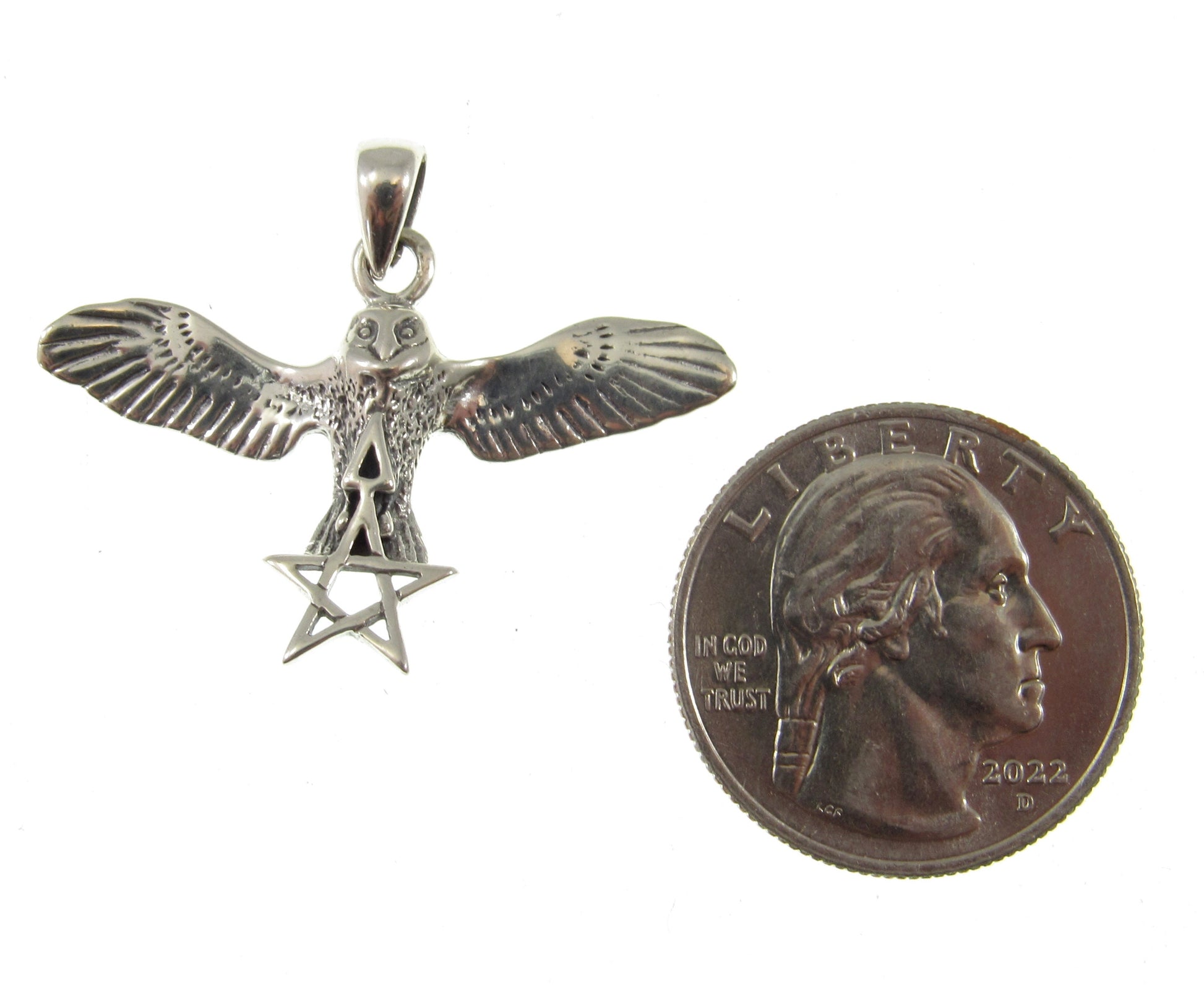 Solid 925 Sterling Silver Flying Owl with The Pentagram Star & Triangle Pendant, Pagan Wicca Amulet