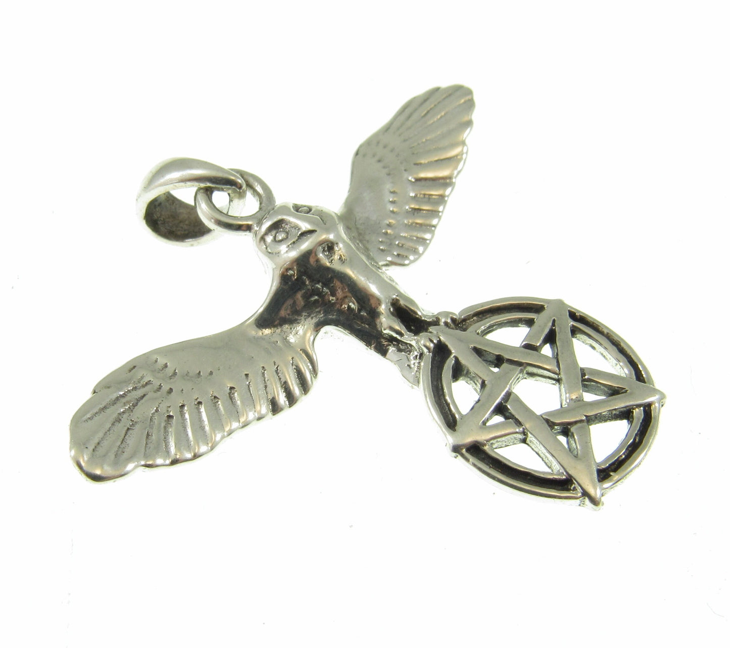 Solid 925 Sterling Silver Flying Owl with Pentacle Star Pendant, Pagan Wicca Amulet