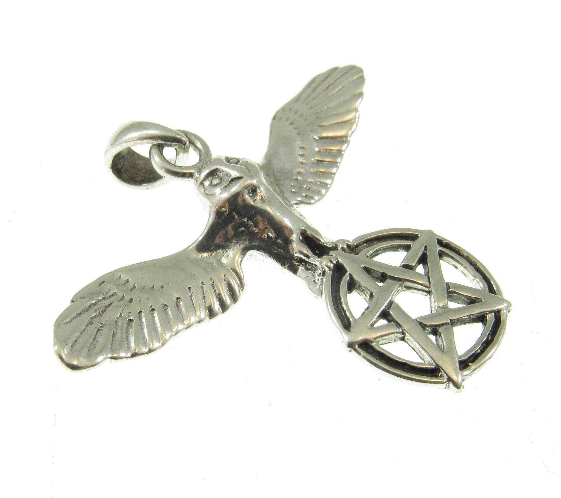 Solid 925 Sterling Silver Flying Owl with Pentacle Star Pendant, Pagan Wicca Amulet