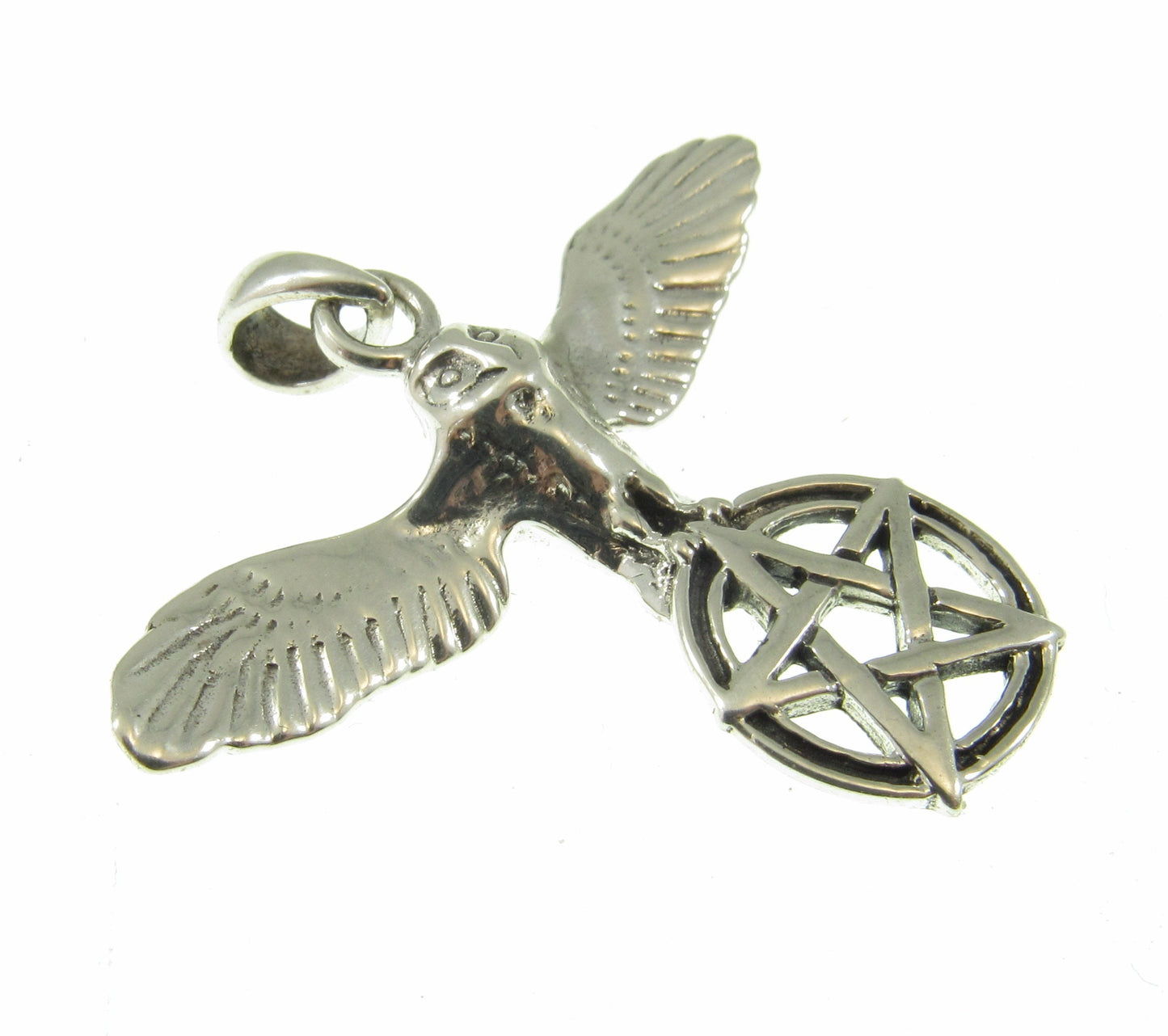 Solid 925 Sterling Silver Flying Owl with Pentacle Star Pendant, Pagan Wicca Amulet