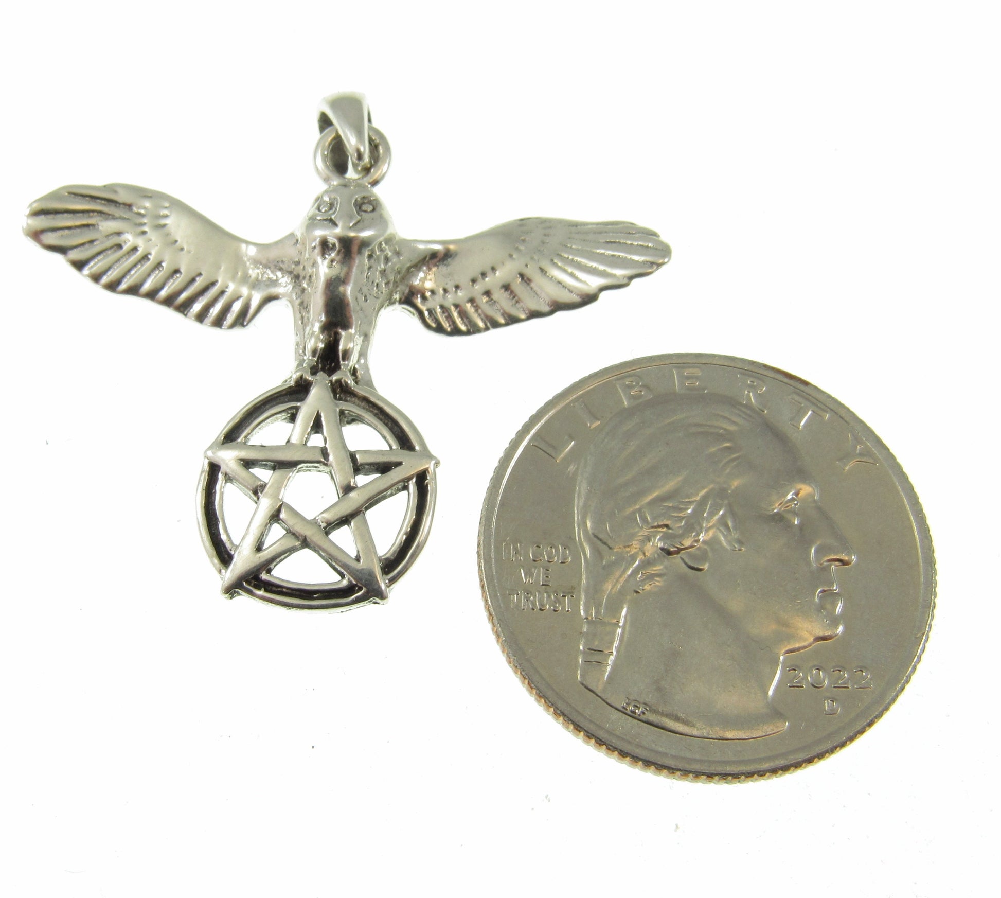 Solid 925 Sterling Silver Flying Owl with Pentacle Star Pendant, Pagan Wicca Amulet