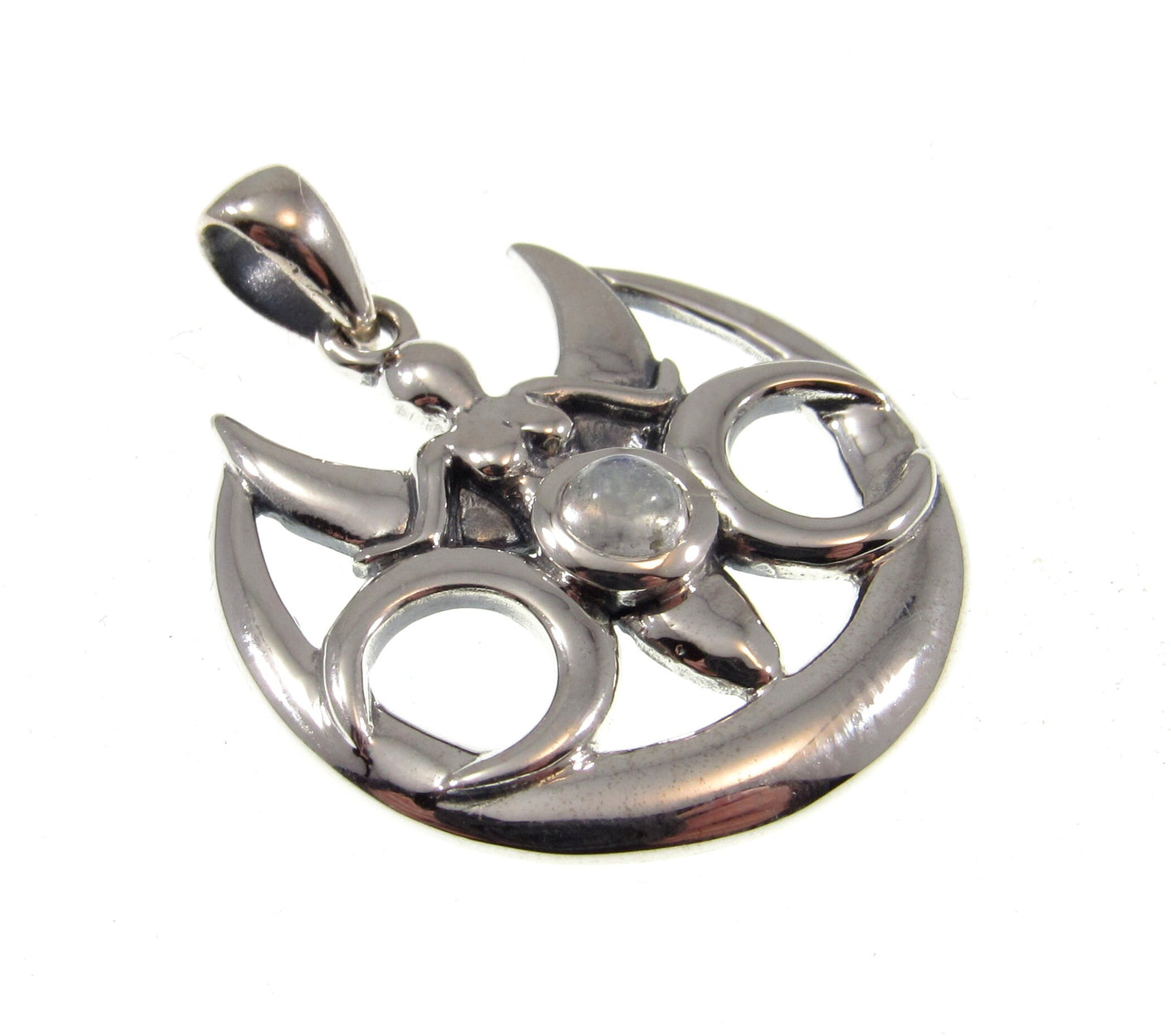 Solid 925 Sterling Silver Triple Moon Goddess With Rainbow Moonstone Pendant, Maiden Mother & Crone Amulet