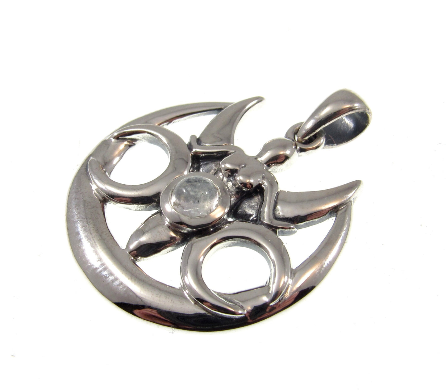 Solid 925 Sterling Silver Triple Moon Goddess With Rainbow Moonstone Pendant, Maiden Mother & Crone Amulet