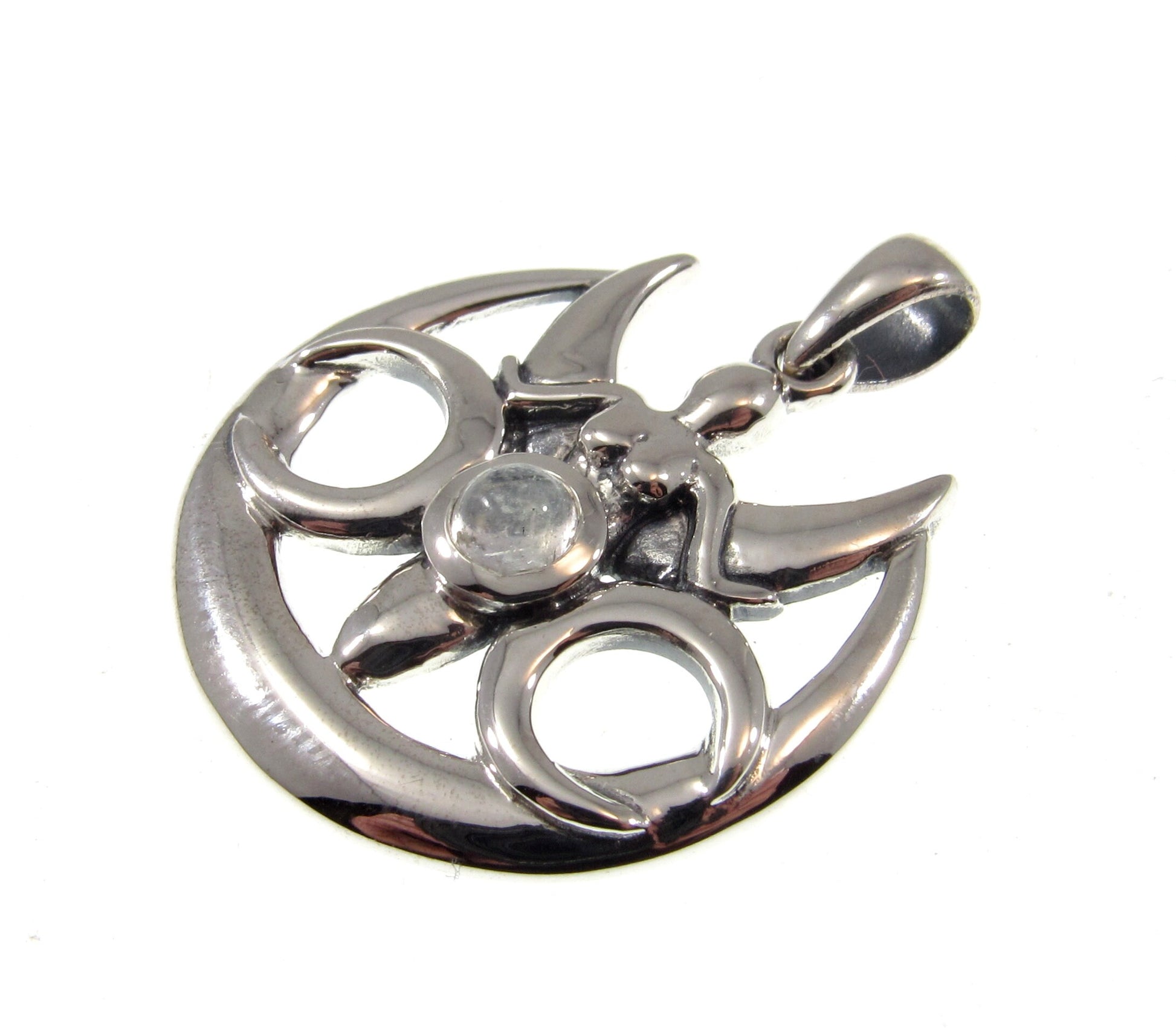 Solid 925 Sterling Silver Triple Moon Goddess With Rainbow Moonstone Pendant, Maiden Mother & Crone Amulet