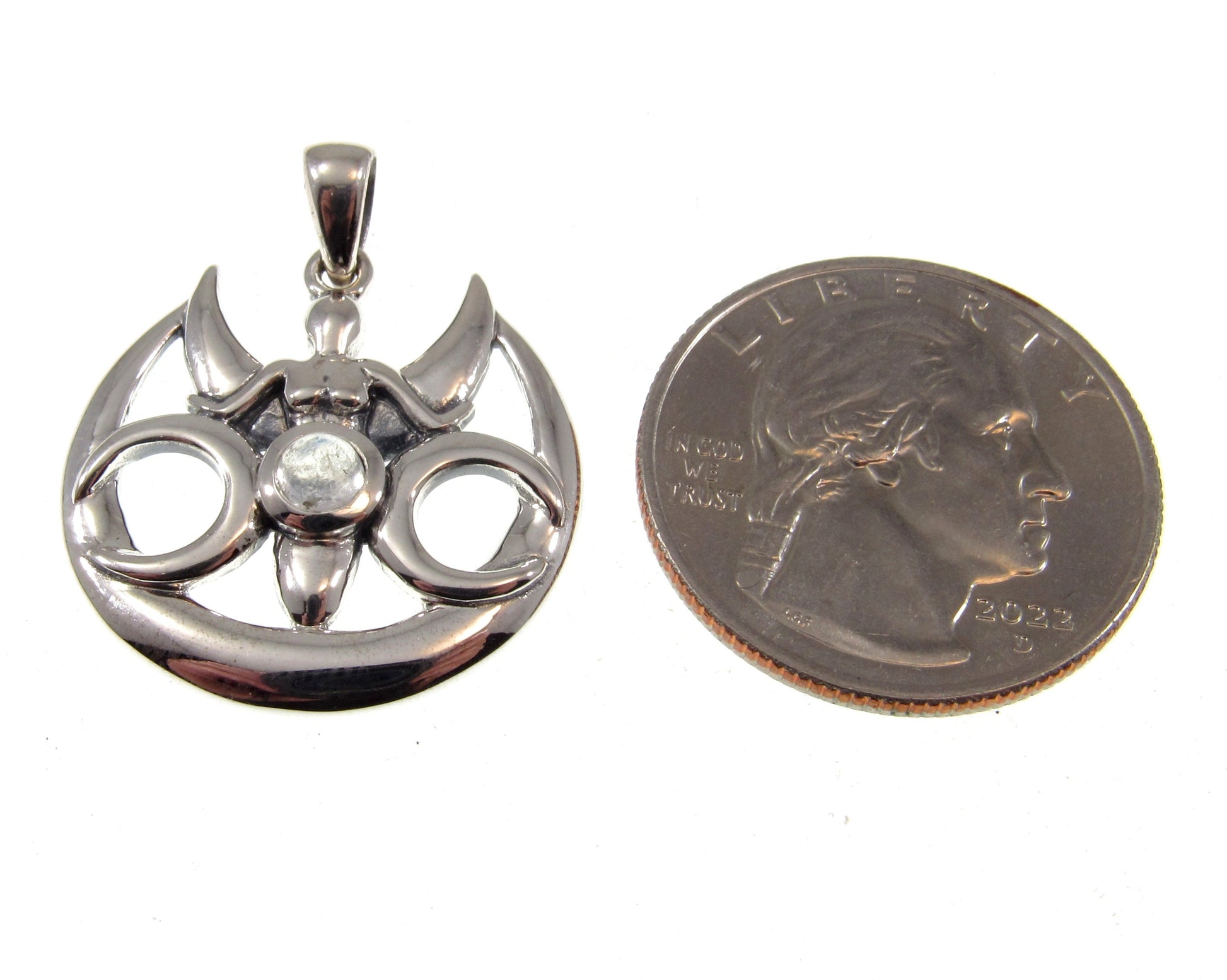 Solid 925 Sterling Silver Triple Moon Goddess With Rainbow Moonstone Pendant, Maiden Mother & Crone Amulet