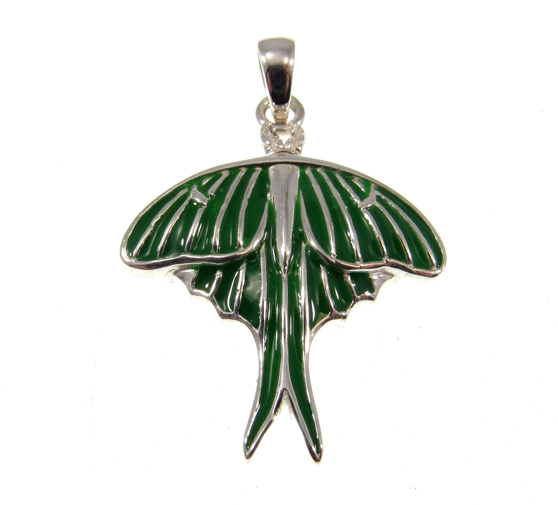 Solid 925 Sterling Silver and Green Enamel Luna Moth Pendant by Renown Artist & Clairvoyant Ted Andrews