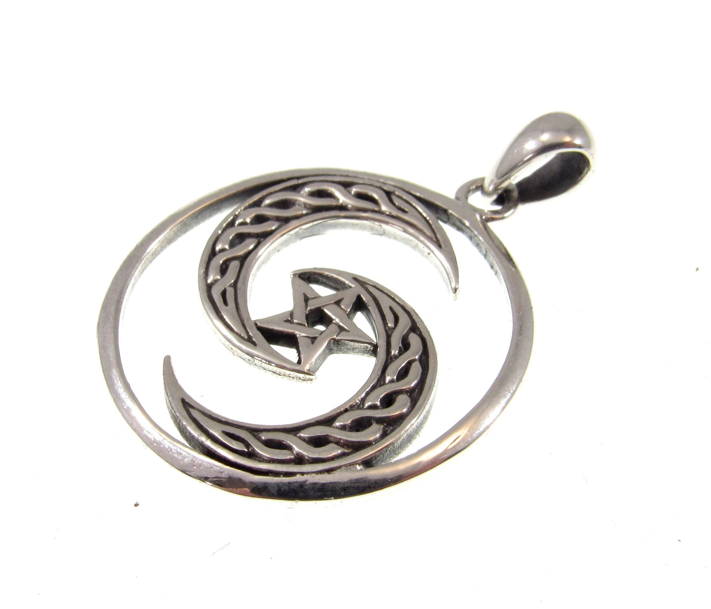 Solid 925 Sterling Silver Pentagram Inside Celtic Crescent Moons Protection Pendant