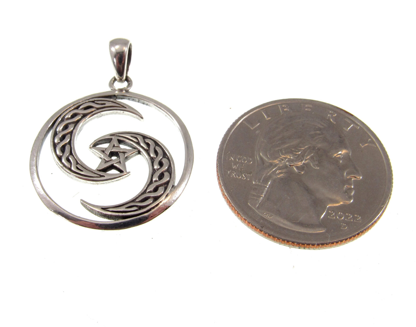 Solid 925 Sterling Silver Pentagram Inside Celtic Crescent Moons Protection Pendant
