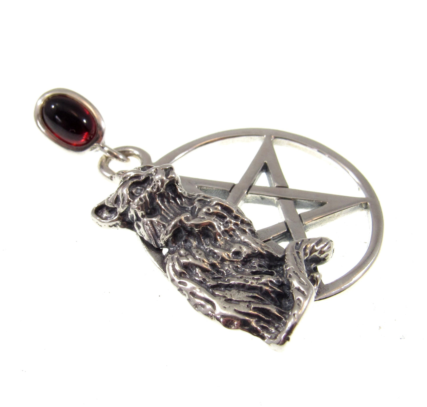 Solid 925 Sterling Silver Cat Familiar Pentacle Pendant With Gemstone: Garnet, Moonstone, Obsidian, or Peridot, Feline Pentagram