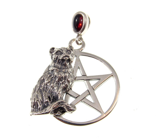 Solid 925 Sterling Silver Cat Familiar Pentacle Pendant With Gemstone: Garnet, Moonstone, Obsidian, or Peridot, Feline Pentagram