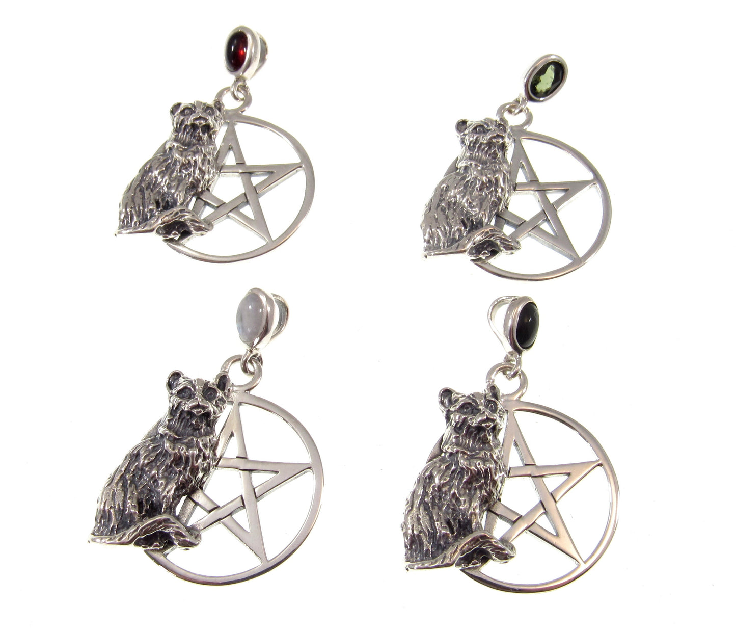 Solid 925 Sterling Silver Cat Familiar Pentacle Pendant With Gemstone: Garnet, Moonstone, Obsidian, or Peridot, Feline Pentagram