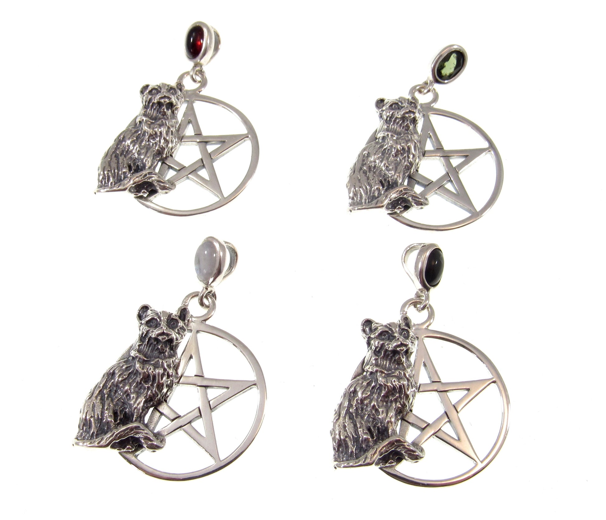 Solid 925 Sterling Silver Cat Familiar Pentacle Pendant With Gemstone: Garnet, Moonstone, Obsidian, or Peridot, Feline Pentagram