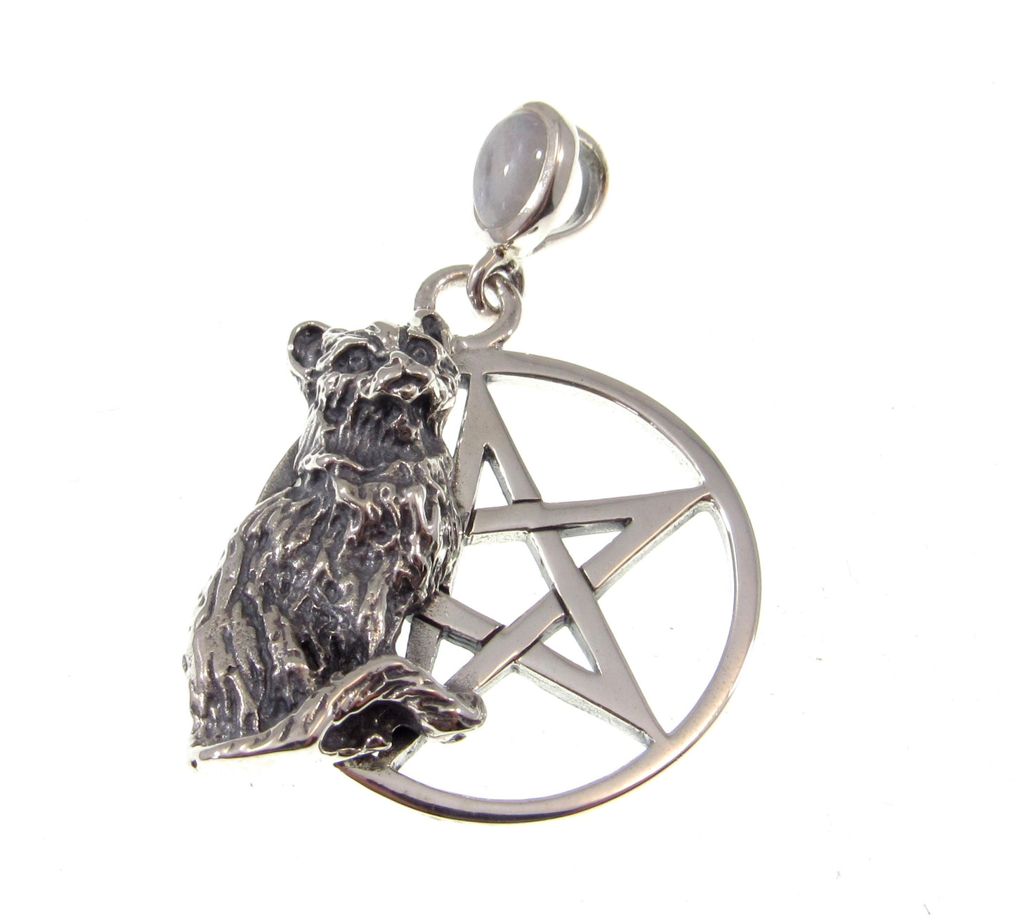 Solid 925 Sterling Silver Cat Familiar Pentacle Pendant With Gemstone: Garnet, Moonstone, Obsidian, or Peridot, Feline Pentagram