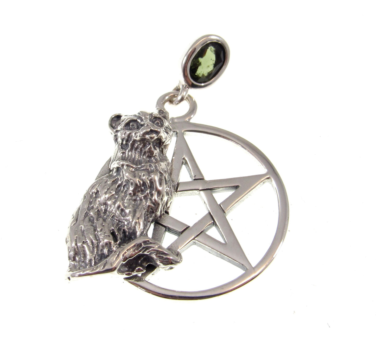 Solid 925 Sterling Silver Cat Familiar Pentacle Pendant With Gemstone: Garnet, Moonstone, Obsidian, or Peridot, Feline Pentagram