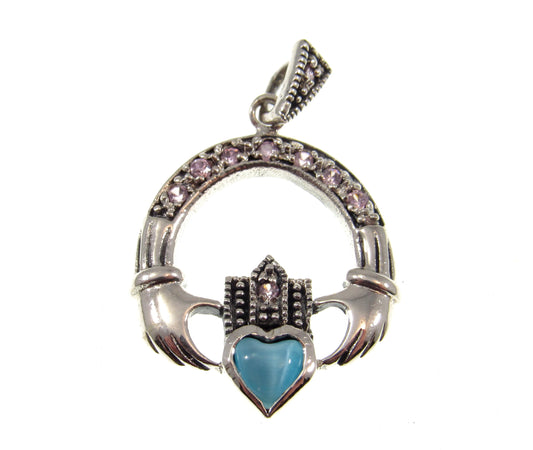 Solid 925 Sterling Silver Irish Claddagh Knot Pendant With Marcasite, Pink CZs and Cat's Eye Quartz Gemstones