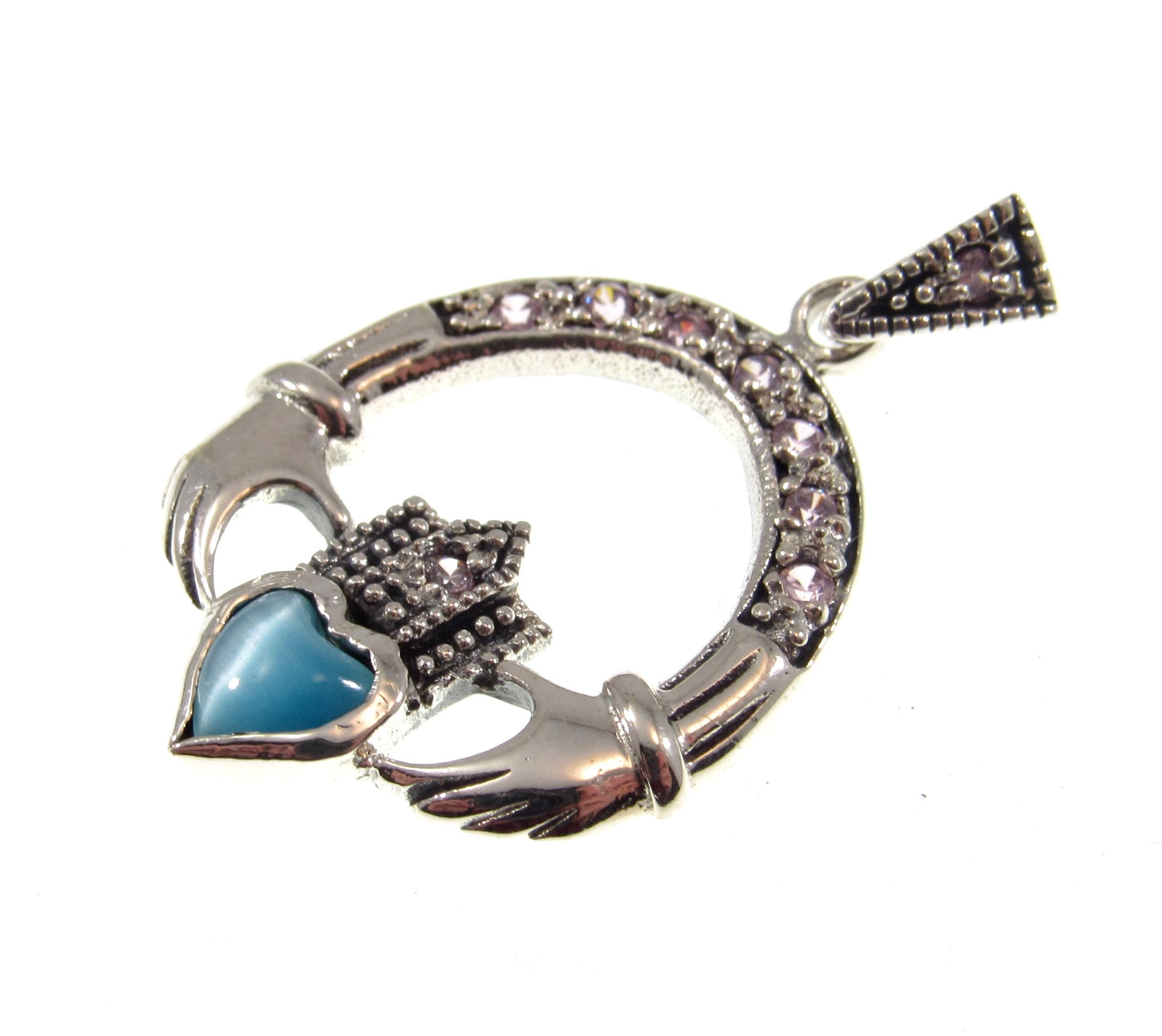 Solid 925 Sterling Silver Irish Claddagh Knot Pendant With Marcasite, Pink CZs and Cat's Eye Quartz Gemstones