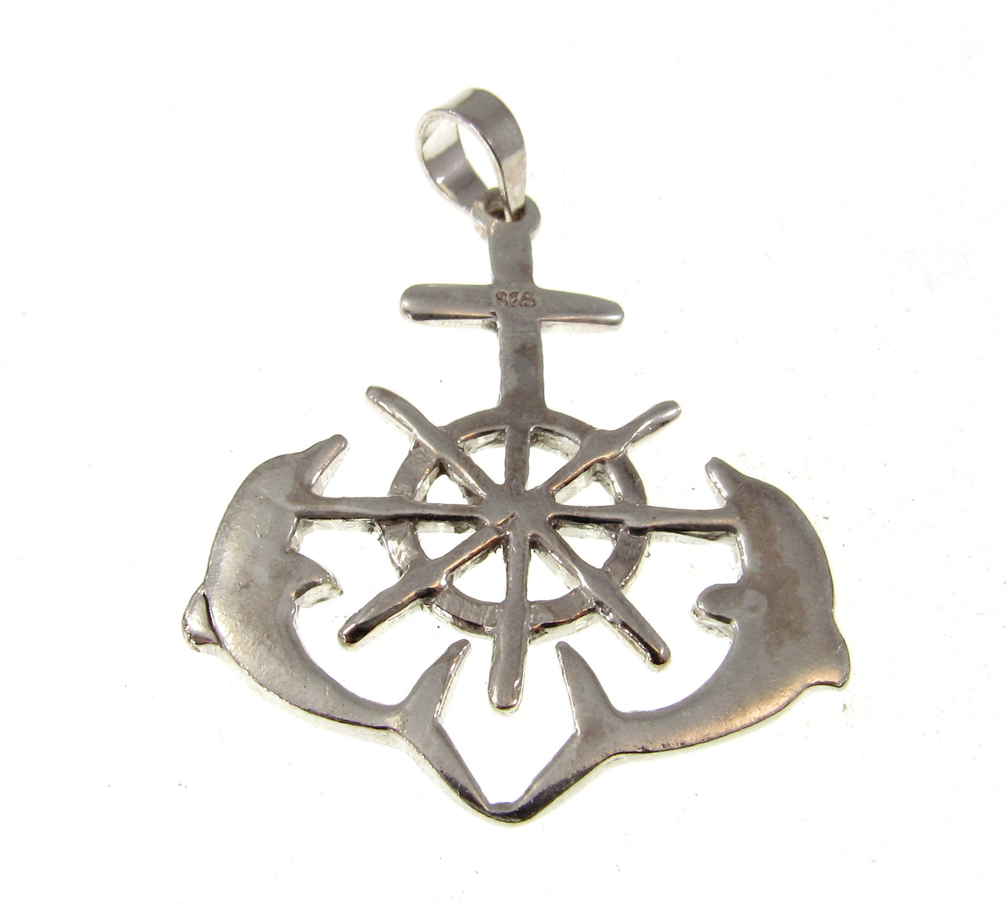 Solid 925 Sterling Silver Ship's Helm, Dolphins, & Anchor Pendant - Nautical Jewelry, Men's Ocean Charm, Sailing Necklace Pendant