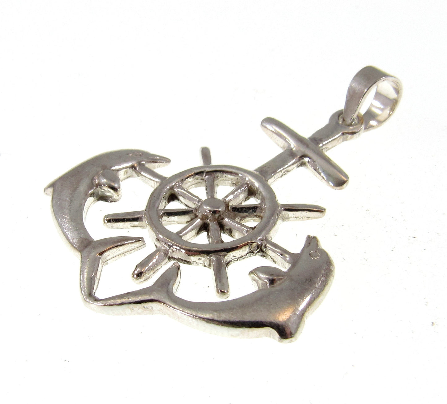Solid 925 Sterling Silver Ship's Helm, Dolphins, & Anchor Pendant - Nautical Jewelry, Men's Ocean Charm, Sailing Necklace Pendant