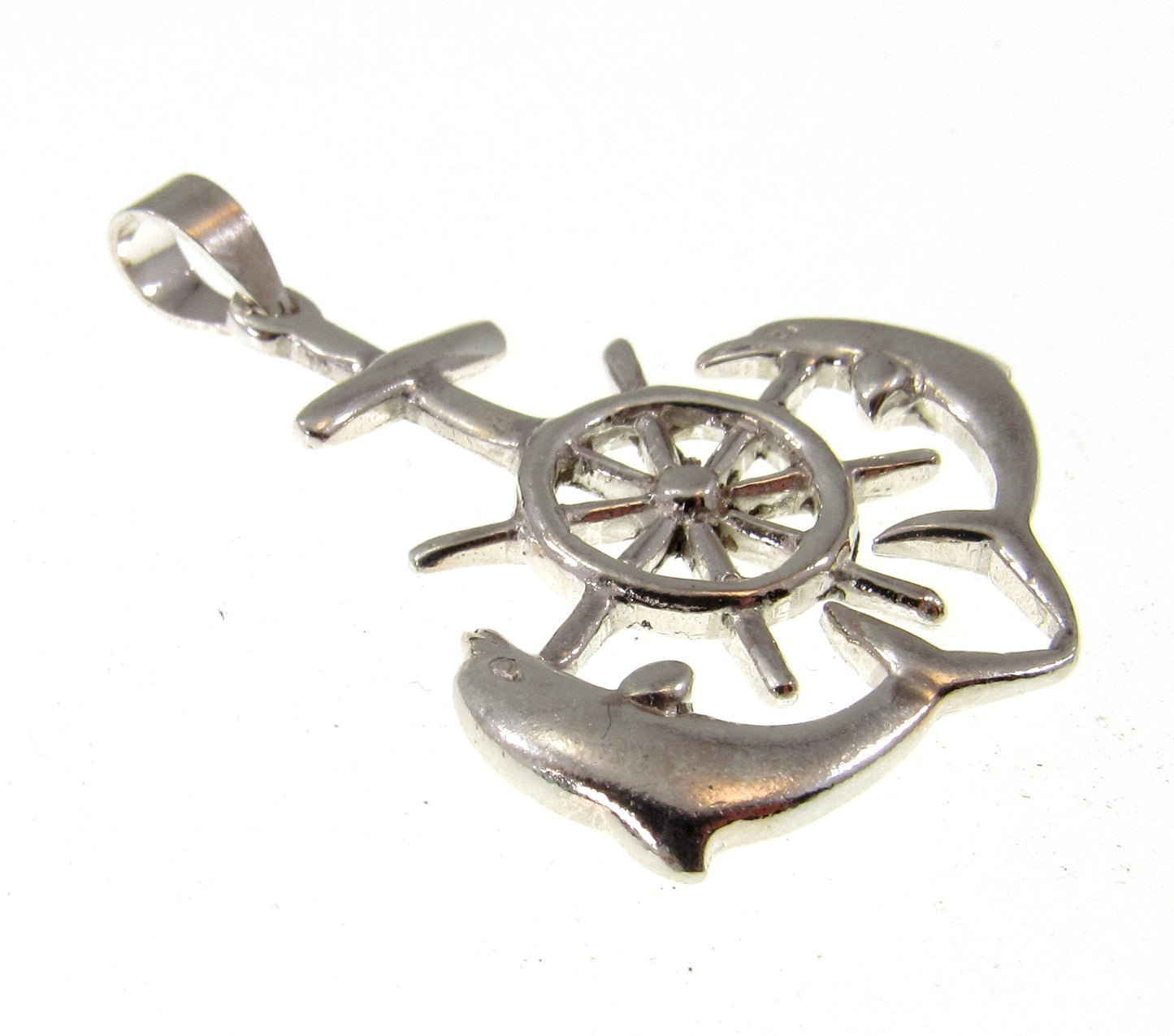 Solid 925 Sterling Silver Ship's Helm, Dolphins, & Anchor Pendant - Nautical Jewelry, Men's Ocean Charm, Sailing Necklace Pendant