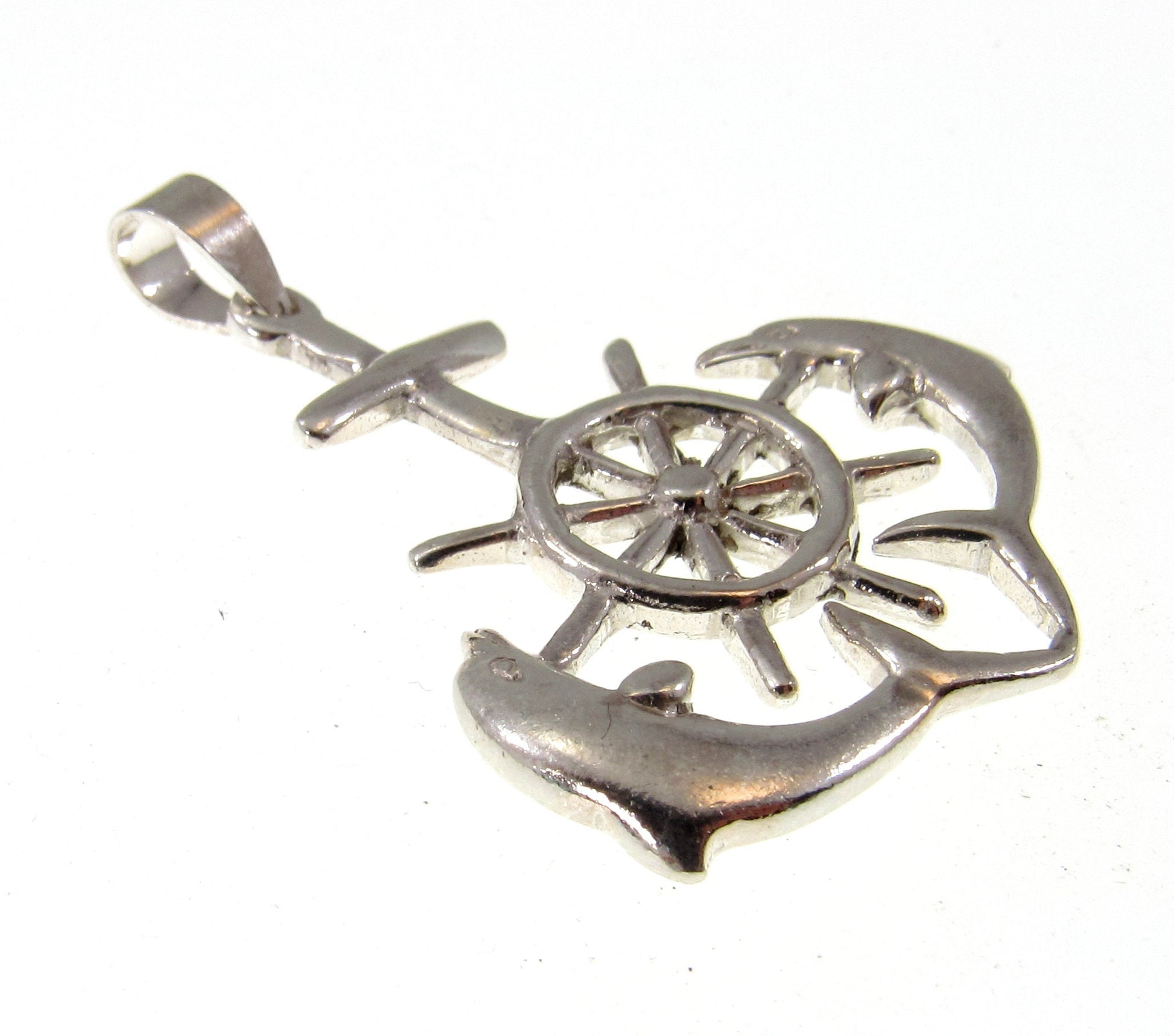 Solid 925 Sterling Silver Ship's Helm, Dolphins, & Anchor Pendant - Nautical Jewelry, Men's Ocean Charm, Sailing Necklace Pendant